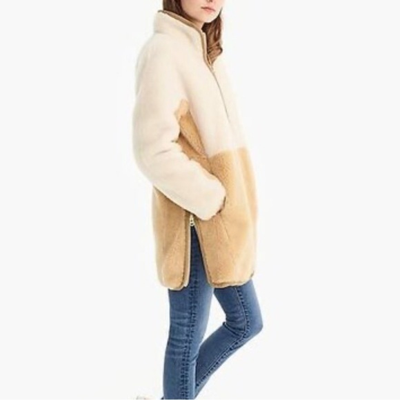 J. Crew  Women’s Tan Cream Sherpa Gold Zip Up Coat Jacket Colorblock Teddy XS - Picture 1 of 7